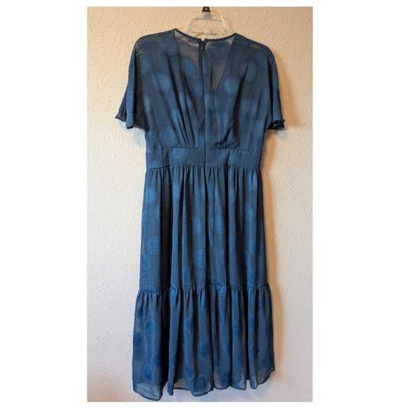 Maggy London Embroidered Teal Midi Dress with V-Neck and Flutter Sleeves Sz. 10P - Picture 9 of 11